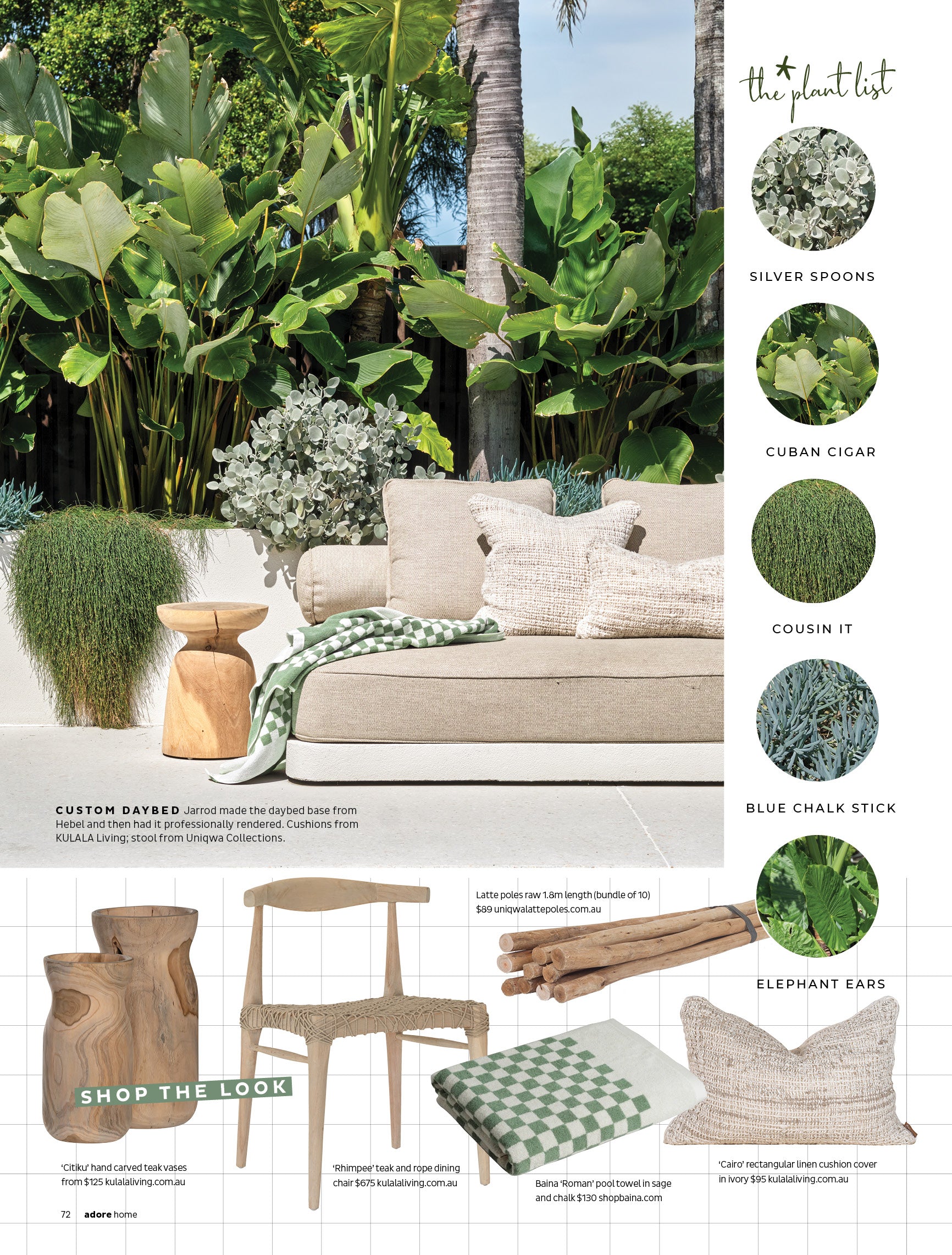 Adore magazine spread collage of green outdoor space featuring a side table, longe, cushions and vases.