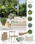 Adore magazine spread collage of green outdoor space featuring a side table, longe, cushions and vases.