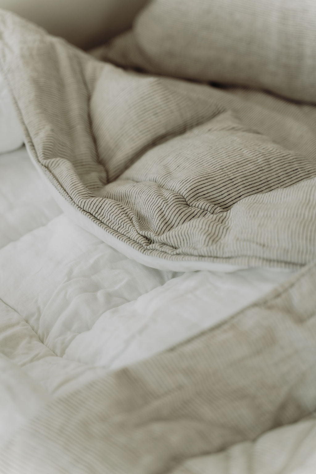 “White/Ink” Pinstripe Linen Quilted Coverlet - KULALA Living