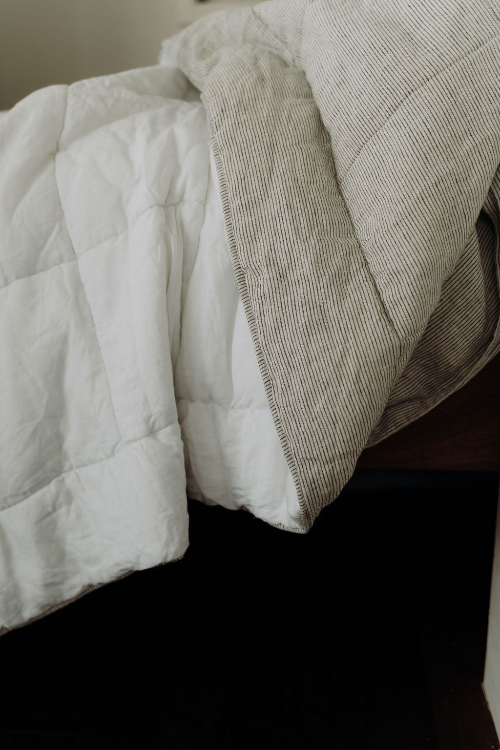 “White/Ink” Pinstripe Linen Quilted Coverlet - KULALA Living