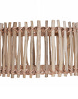 Wooden lampshade with natural finish and woven design on a white background