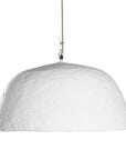 White dome-shaped pendant light made from papier-mâché with a minimalist design.