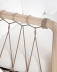 Natural rope lounge three seat sofa with white cushions, featuring a light timber frame and modern coastal aesthetic.