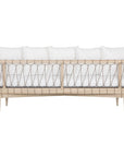 Natural rope lounge three seat sofa with white cushions, featuring a light timber frame and modern coastal aesthetic.