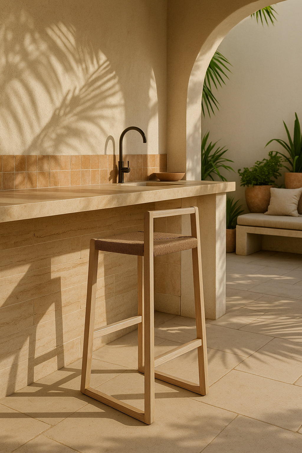 Adanna Bar Chair with oak frame and natural woven seat styled in a Mediterranean-inspired outdoor kitchen setting with tiled benchtop and curved architectural details.