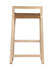 Modern bar stool crafted from lightwood with a woven rope seat and sleek geometric frame. A minimalist backrest provides subtle support, making it a stylish and functional addition to any kitchen or bar area