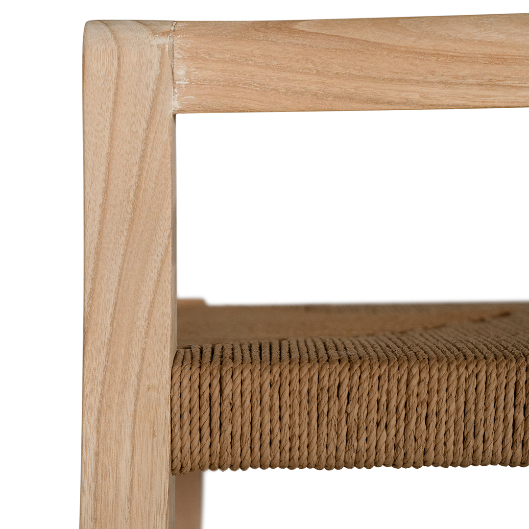 Modern bar stool crafted from lightwood with a woven rope seat and sleek geometric frame. A minimalist backrest provides subtle support, making it a stylish and functional addition to any kitchen or bar area