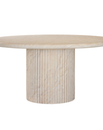 Alama dining table in dune hydro dipped finish with rounded tabletop and fluted cylindrical pedestal base.