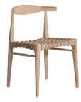Modern lightwood dining chair featuring a sculpted timber backrest and a handwoven rope seat. A perfect blend of natural materials and contemporary craftsmanship for stylish dining spaces