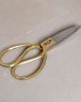 A pair of vintage-style scissors with brass handles and stainless steel blades, measuring 19cm in length and 9cm in width, displayed on a neutral-toned surface