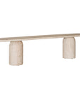 Ayanda bench in dune hydro dipped finish with elongated top and two cylindrical pedestal legs.
