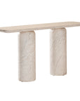 Ayanda console in dune hydro dipped finish with elongated top and two cylindrical pedestal legs.