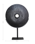 Black carved teak disc sculptures with stand in modern minimalist design, perfect for adding bold decorative accents to any interior space