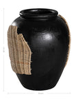 Kulala Living black clay vase featuring intricate woven rattan detailing, blending artisanal craftsmanship with organic textures. A striking decorative accent for contemporary and coastal interiors
