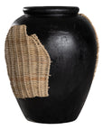 Kulala Living black clay vase featuring intricate woven rattan detailing, blending artisanal craftsmanship with organic textures. A striking decorative accent for contemporary and coastal interiors