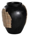 Kulala Living black clay vase featuring intricate woven rattan detailing, blending artisanal craftsmanship with organic textures. A striking decorative accent for contemporary and coastal interiors
