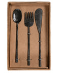 A set of three handcrafted black cutlery pieces from KULALA Living, including a spoon, fork, and knife, featuring a hand-forged finish with textured handles for a refined yet rustic dining aesthetic