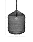 A black handwoven pendant light with a sculptural mesh design, showcasing artisanal craftsmanship and an airy, textural aesthetic perfect for modern interiors