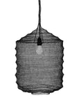 A black handwoven pendant light with a sculptural mesh design, showcasing artisanal craftsmanship and an airy, textural aesthetic perfect for modern interiors