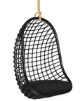 A stylish black hanging chair with an open-weave design, suspended by a natural rope and featuring a plush black cushion for ultimate relaxation