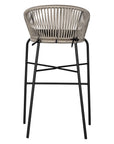 Black natural outdoor bar chair featuring a woven rope backrest and sleek metal legs, designed for modern alfresco dining and stylish patio settings