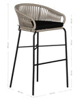 Black natural outdoor bar chair featuring a woven rope backrest and sleek metal legs, designed for modern alfresco dining and stylish patio settings