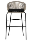 Black natural outdoor bar chair featuring a woven rope backrest and sleek metal legs, designed for modern alfresco dining and stylish patio settings