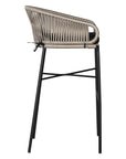 Black natural outdoor bar chair featuring a woven rope backrest and sleek metal legs, designed for modern alfresco dining and stylish patio settings