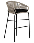 Black natural outdoor bar chair featuring a woven rope backrest and sleek metal legs, designed for modern alfresco dining and stylish patio settings
