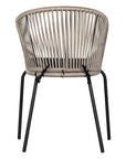 Black and natural outdoor dining chair featuring a woven rope backrest and sleek metal legs, designed for modern alfresco dining and stylish patio settings