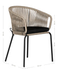 Black and natural outdoor dining chair featuring a woven rope backrest and sleek metal legs, designed for modern alfresco dining and stylish patio settings