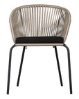 Black and natural outdoor dining chair featuring a woven rope backrest and sleek metal legs, designed for modern alfresco dining and stylish patio settings