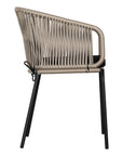 Black and natural outdoor dining chair featuring a woven rope backrest and sleek metal legs, designed for modern alfresco dining and stylish patio settings