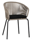Black and natural outdoor dining chair featuring a woven rope backrest and sleek metal legs, designed for modern alfresco dining and stylish patio settings