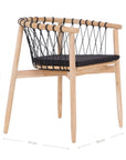 Modern black natural wooden dining chair with woven rope backrest and cushioned seat, perfect for contemporary lounge settings