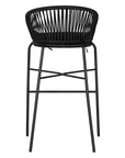 Black outdoor bar chair featuring a woven rope backrest and sleek metal legs, designed for modern alfresco dining and stylish patio settings