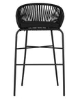 Black outdoor bar chair featuring a woven rope backrest and sleek metal legs, designed for modern alfresco dining and stylish patio settings