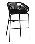 Black outdoor bar chair featuring a woven rope backrest and sleek metal legs, designed for modern alfresco dining and stylish patio settings