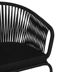 Black outdoor dining chair featuring a woven rope backrest and sleek metal legs, designed for modern alfresco dining and stylish patio settings