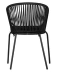 Black outdoor dining chair featuring a woven rope backrest and sleek metal legs, designed for modern alfresco dining and stylish patio settings
