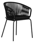 Black outdoor dining chair featuring a woven rope backrest and sleek metal legs, designed for modern alfresco dining and stylish patio settings