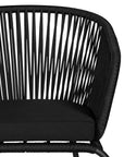 Black outdoor dining chair featuring a woven rope backrest and sleek metal legs, designed for modern alfresco dining and stylish patio settings
