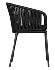 Black outdoor dining chair featuring a woven rope backrest and sleek metal legs, designed for modern alfresco dining and stylish patio settings