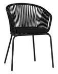 Black outdoor dining chair featuring a woven rope backrest and sleek metal legs, designed for modern alfresco dining and stylish patio settings.