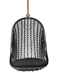 Black rattan hanging egg chair with a plush black cushion, featuring a woven open-weave design and sturdy rope for a stylish and relaxing indoor or outdoor seating option