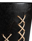 Black Maloka Shou Sugi Ban timber vase with intricate rattan weaving, featuring a handcrafted design for a bold, organic aesthetic.