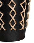 Black Maloka Shou Sugi Ban timber vase with intricate rattan weaving, featuring a handcrafted design for a bold, organic aesthetic.