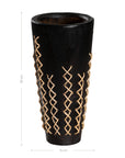 Black Maloka Shou Sugi Ban timber vase with intricate rattan weaving, featuring a handcrafted design for a bold, organic aesthetic.