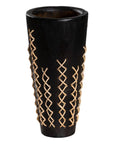 Black Maloka Shou Sugi Ban timber vase with intricate rattan weaving, featuring a handcrafted design for a bold, organic aesthetic.