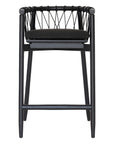 Modern black wooden barchair with woven rope backrest and cushioned seat, perfect for contemporary lounge settings